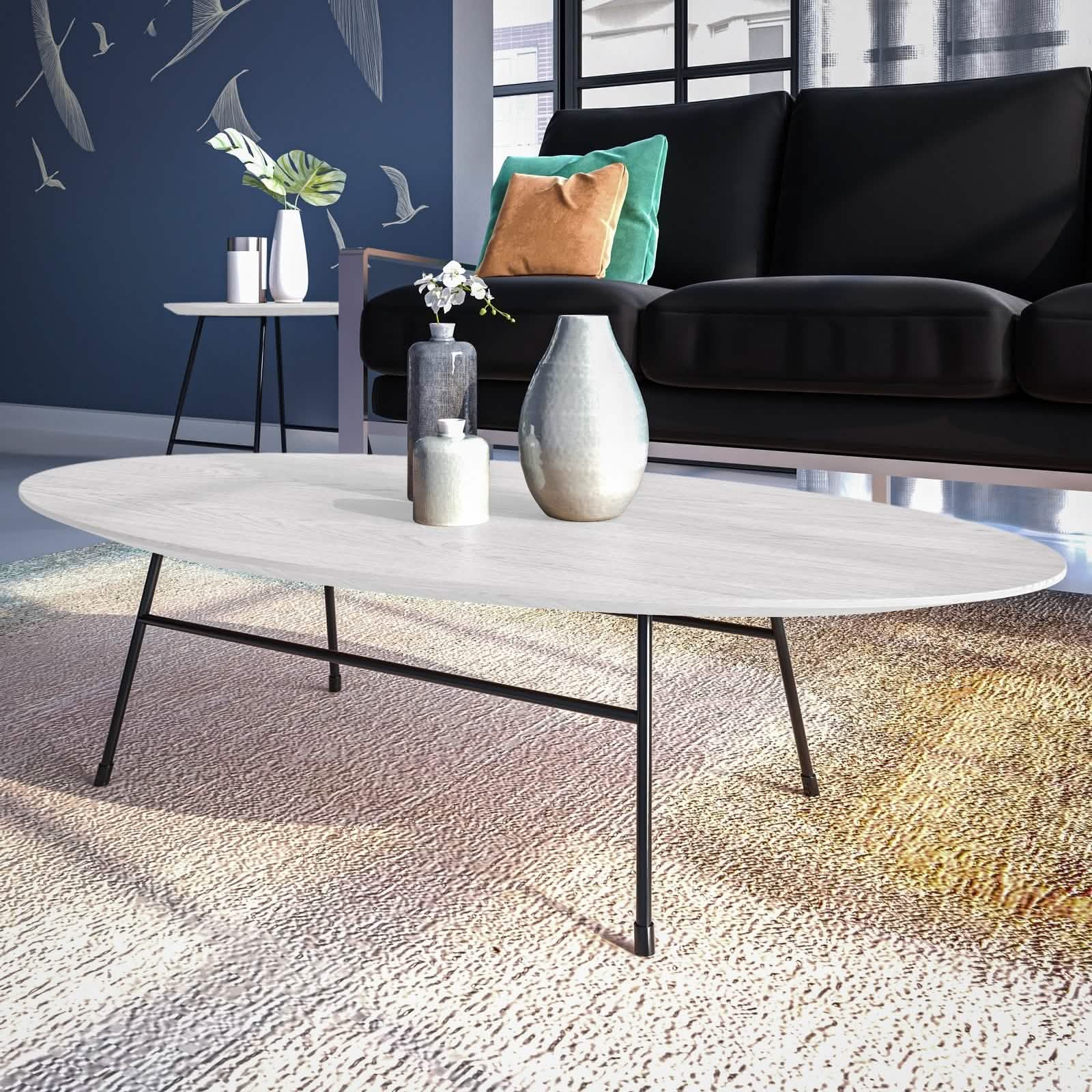 Leisuremod Coffee Table Rossmore Oval Coffee Table with MDF Wood Tabletop in Black/White Steel Frame