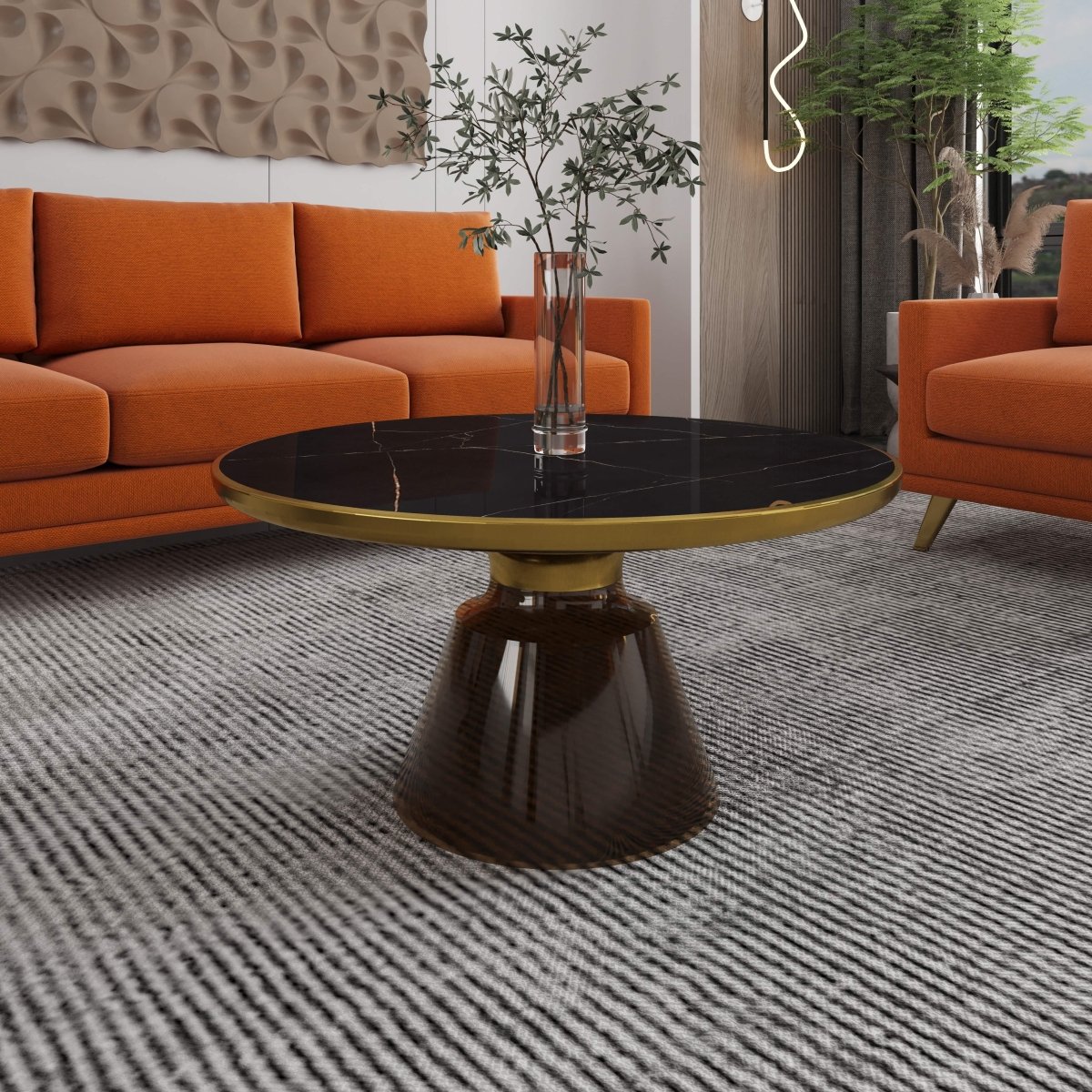 Tully 30-Inch Round Glass/Stone Coffee Table with Iron Rim Frame and Glass Base Glass Gold Grey Black Glass Coffee Table Leisuremod