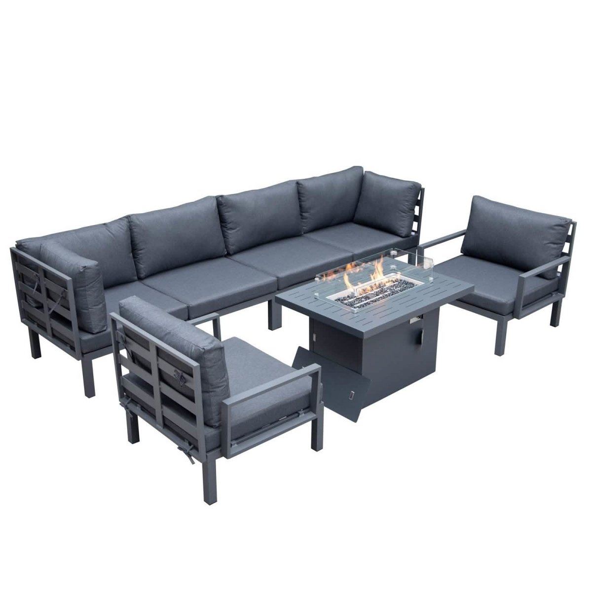 Hamilton 7-Piece Aluminum Patio Conversation Set With Fire Pit Table And Cushions Black Conversation Set Leisuremod