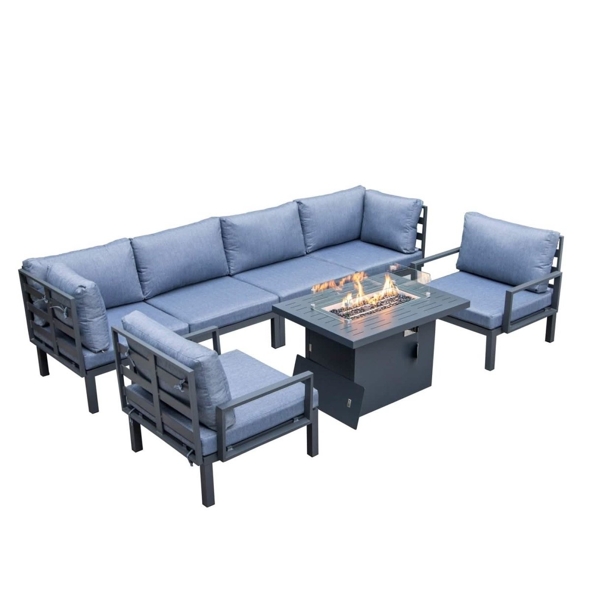 Hamilton 7-Piece Aluminum Patio Conversation Set With Fire Pit Table And Cushions Charcoal Blue Conversation Set Leisuremod