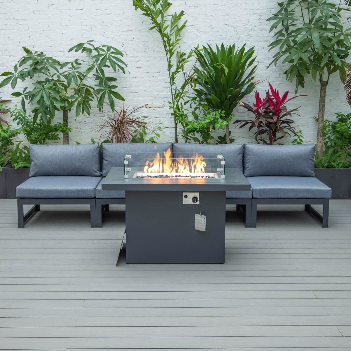 Chelsea 5-Piece Middle Patio Chairs and Fire Pit Table Set Black Aluminum With Cushions Conversation Set Leisuremod