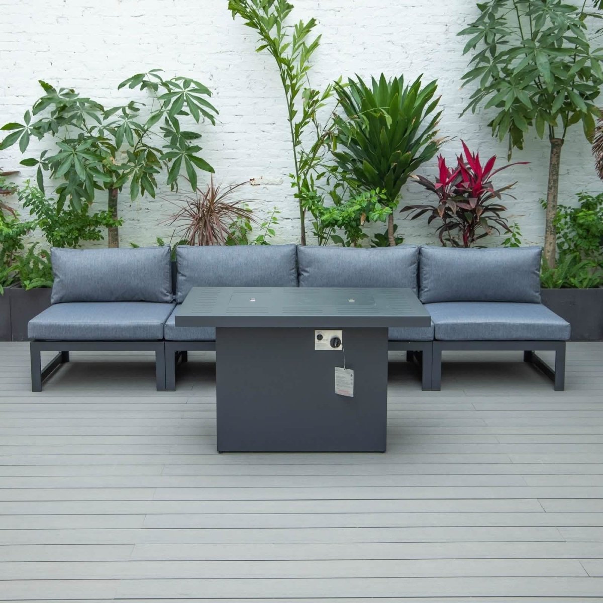 Chelsea 5-Piece Middle Patio Chairs and Fire Pit Table Set Black Aluminum With Cushions Conversation Set Leisuremod