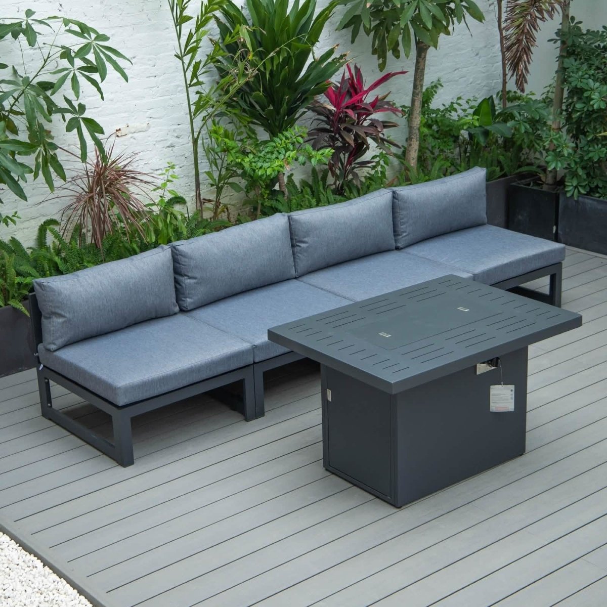 Chelsea 5-Piece Middle Patio Chairs and Fire Pit Table Set Black Aluminum With Cushions Conversation Set Leisuremod
