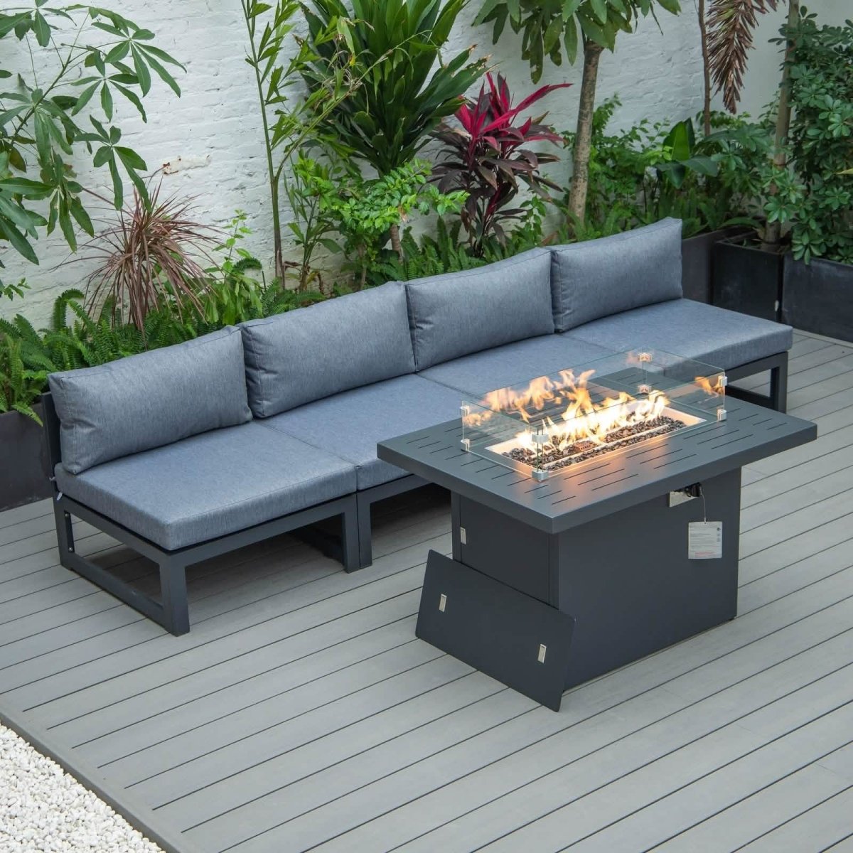 Chelsea 5-Piece Middle Patio Chairs and Fire Pit Table Set Black Aluminum With Cushions Conversation Set Leisuremod