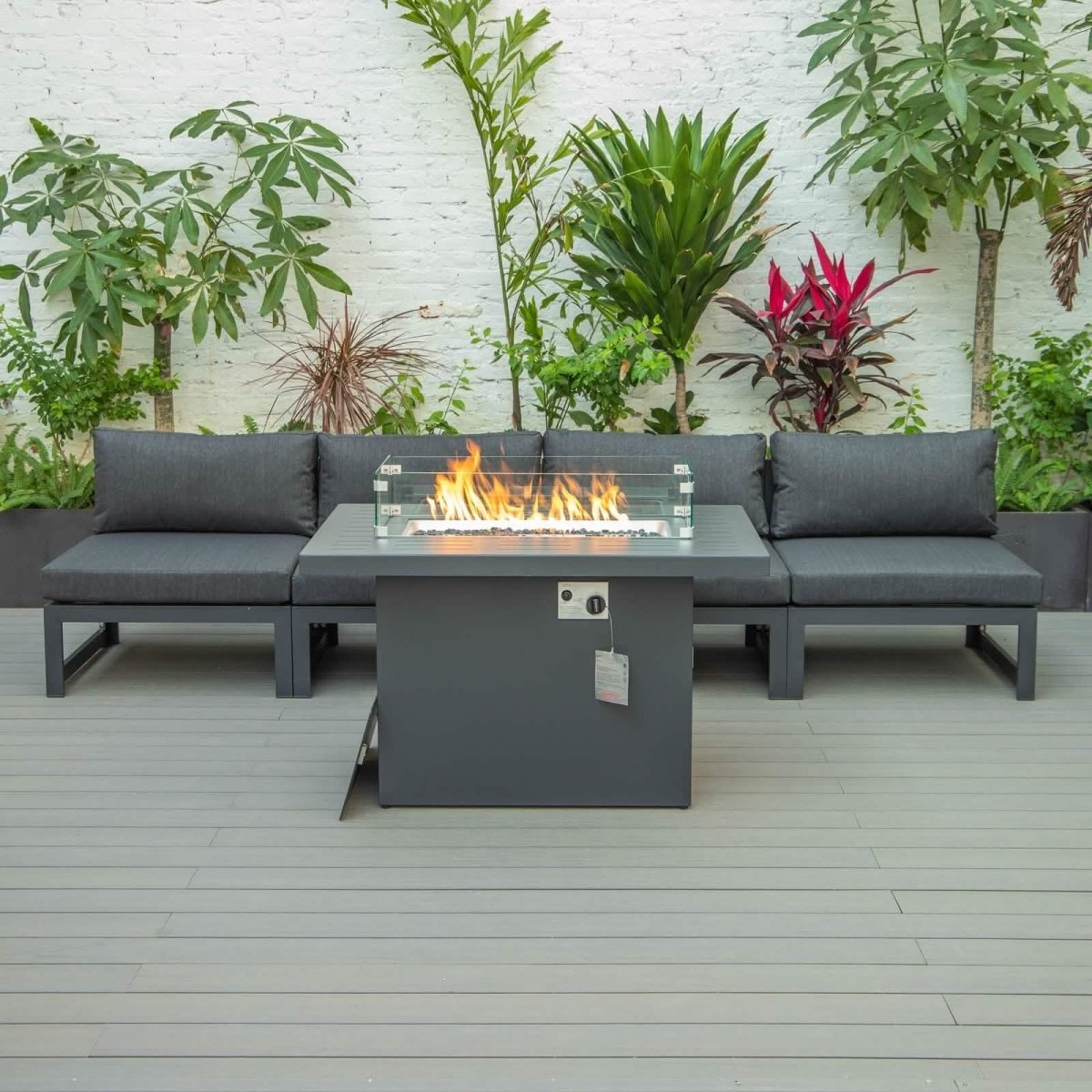 Chelsea 5-Piece Middle Patio Chairs and Fire Pit Table Set Black Aluminum With Cushions Conversation Set Leisuremod