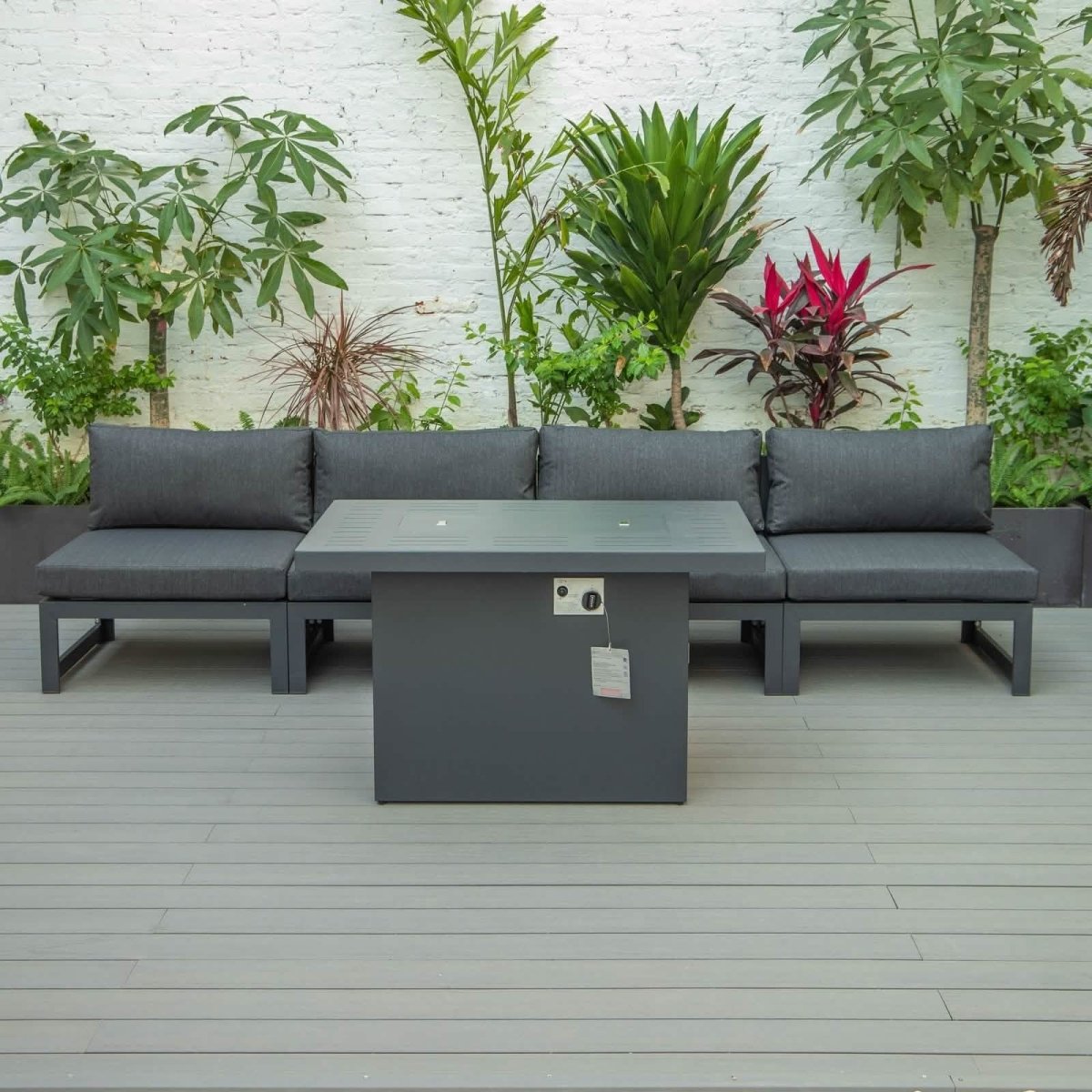 Chelsea 5-Piece Middle Patio Chairs and Fire Pit Table Set Black Aluminum With Cushions Conversation Set Leisuremod