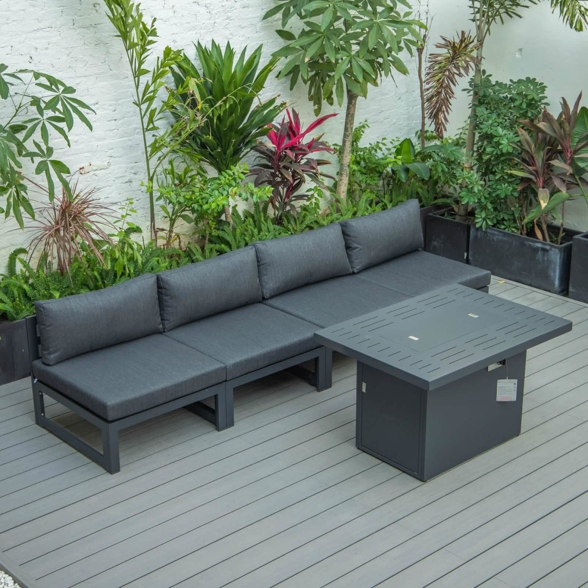 Chelsea 5-Piece Middle Patio Chairs and Fire Pit Table Set Black Aluminum With Cushions Conversation Set Leisuremod