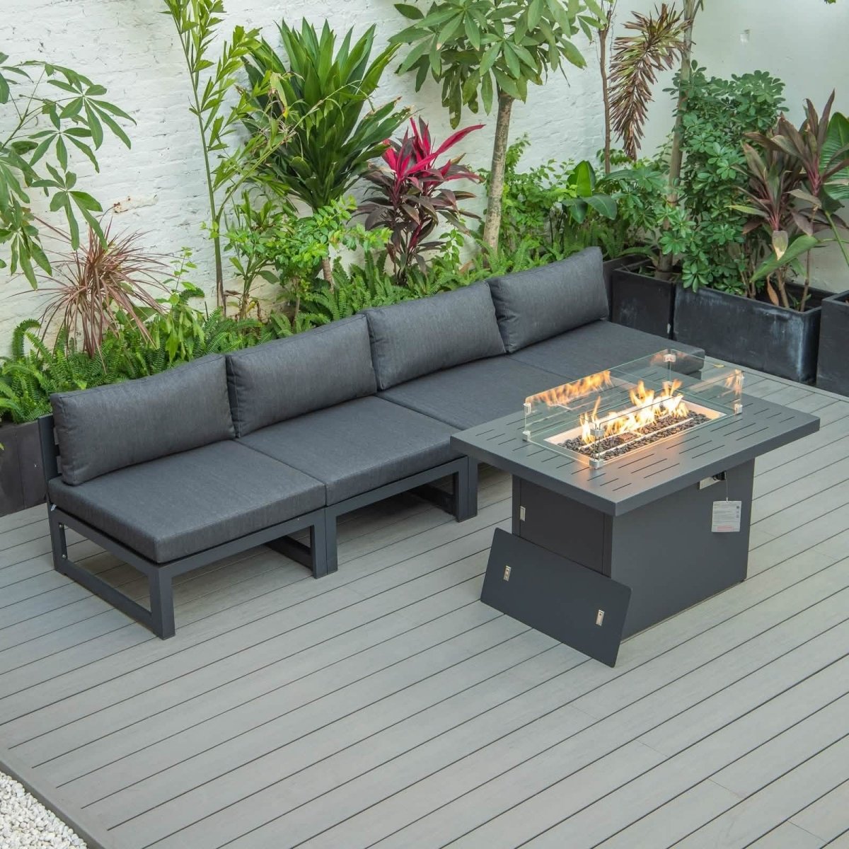 Chelsea 5-Piece Middle Patio Chairs and Fire Pit Table Set Black Aluminum With Cushions Conversation Set Leisuremod