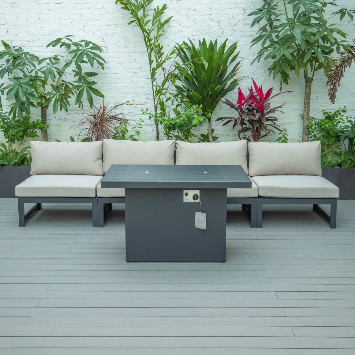 Chelsea 5-Piece Middle Patio Chairs and Fire Pit Table Set Black Aluminum With Cushions Conversation Set Leisuremod