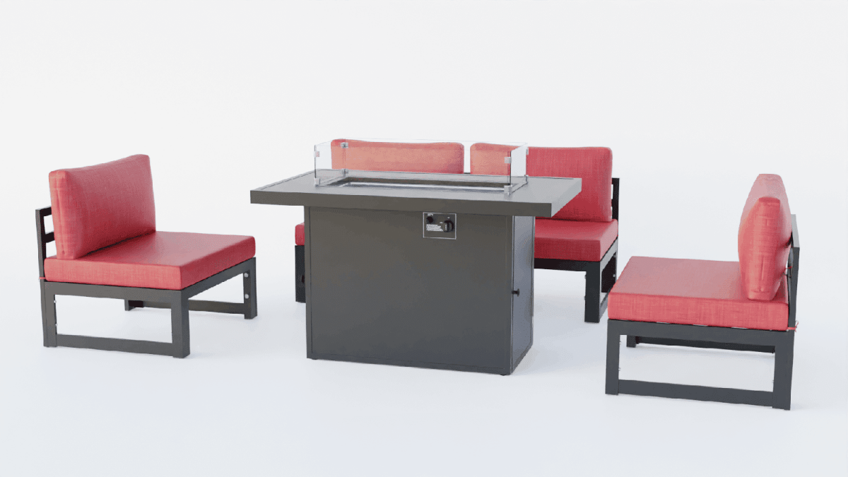 Chelsea 5-Piece Middle Patio Chairs and Fire Pit Table Set Black Aluminum With Cushions Conversation Set Leisuremod