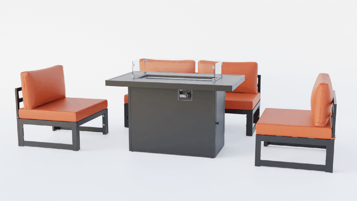 Chelsea 5-Piece Middle Patio Chairs and Fire Pit Table Set Black Aluminum With Cushions Conversation Set Leisuremod