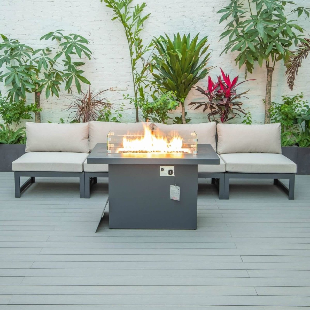 Chelsea 5-Piece Middle Patio Chairs and Fire Pit Table Set Black Aluminum With Cushions Conversation Set Leisuremod