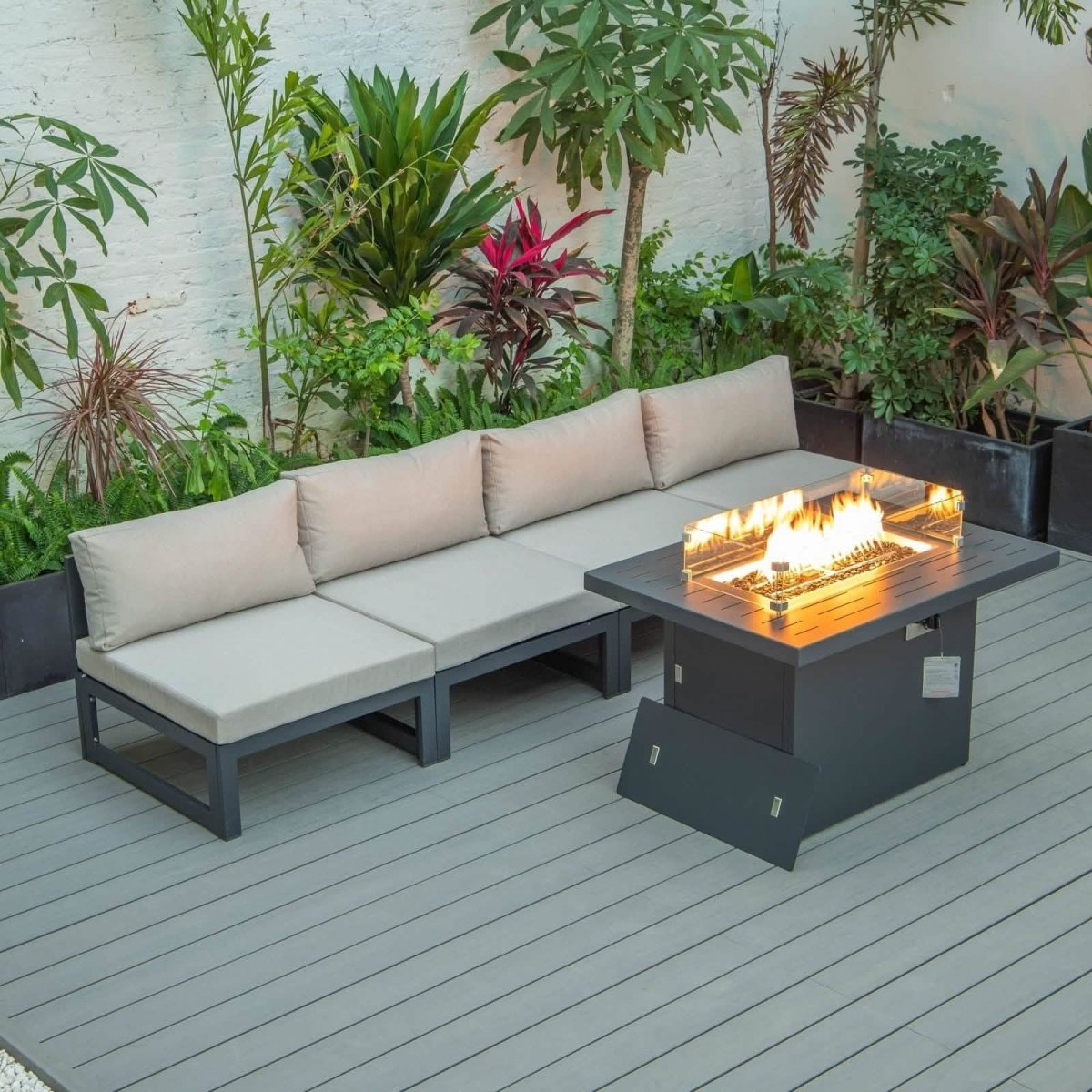 Chelsea 5-Piece Middle Patio Chairs and Fire Pit Table Set Black Aluminum With Cushions Conversation Set Leisuremod