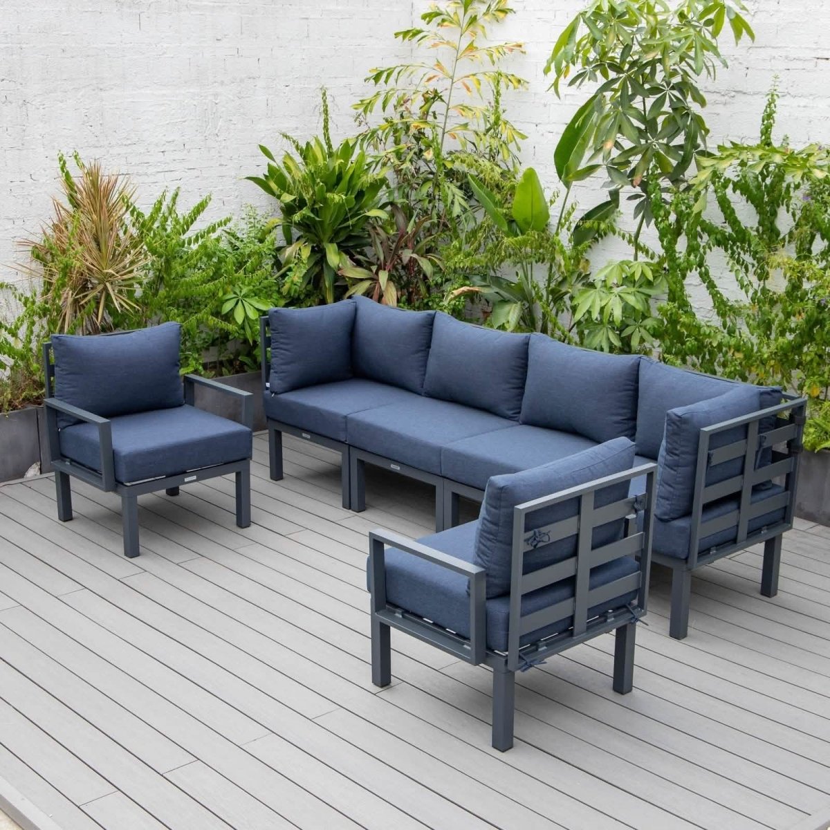 Leisuremod Conversation Set Chelsea Modern 6-Piece Patio Sectional Set in Black Aluminum with Removable Cushions