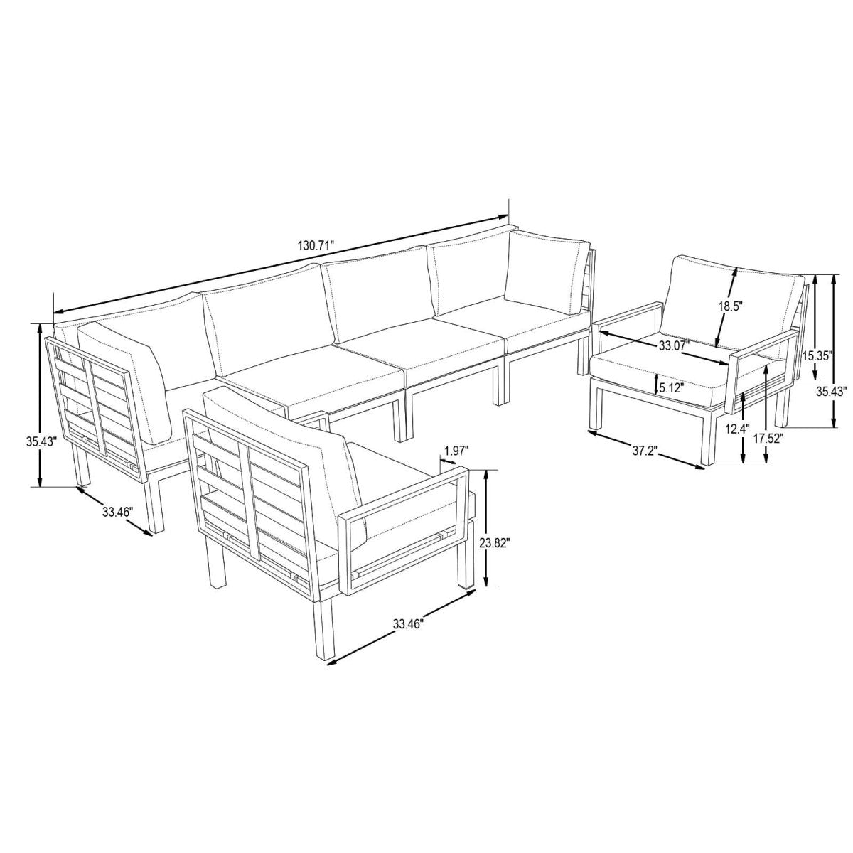 Hamilton 6-Piece Aluminum Patio Conversation Set With Cushions Conversation Set Leisuremod