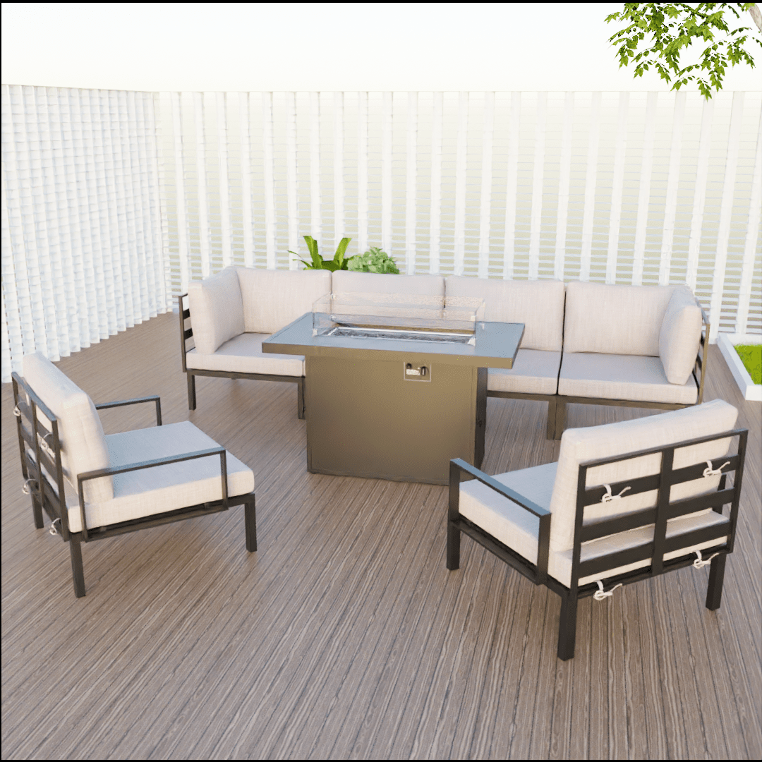 Hamilton 7-Piece Aluminum Patio Conversation Set With Fire Pit Table And Cushions Red Conversation Set Leisuremod