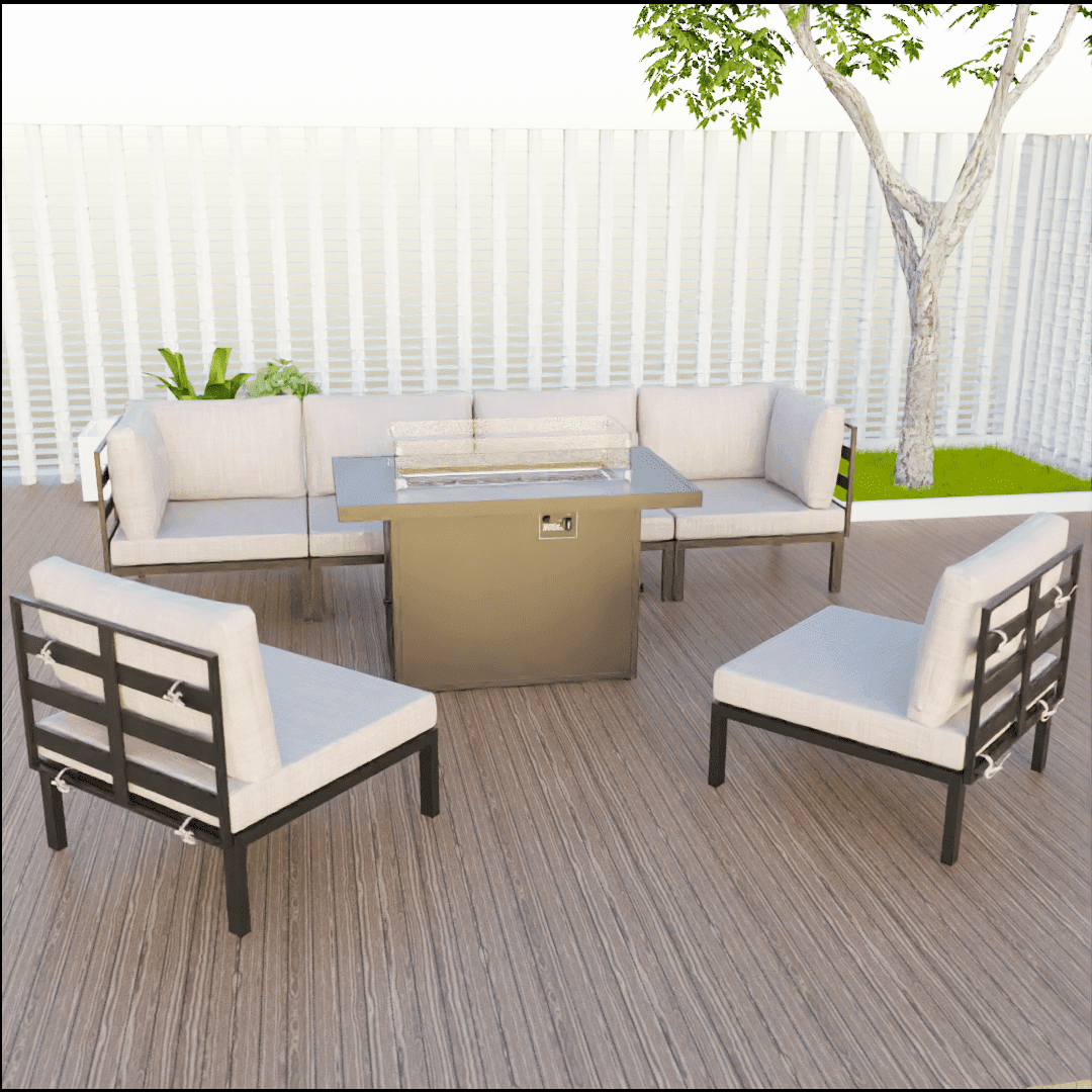 Hamilton 7-Piece Aluminum Patio Conversation Set With Fire Pit Table And Cushions Red Conversation Set Leisuremod