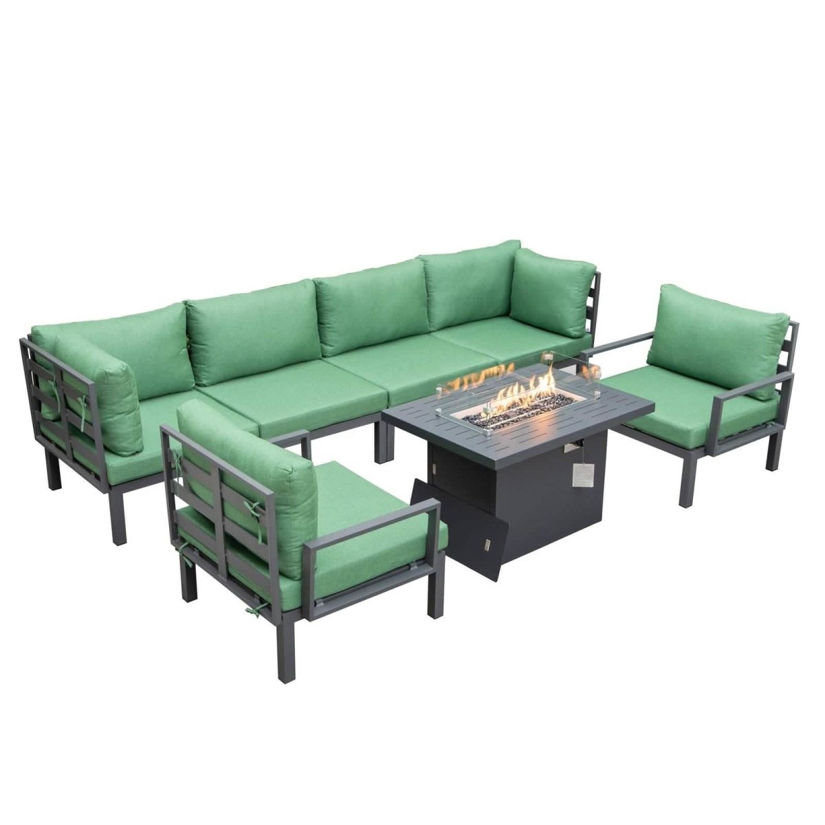 Hamilton 7-Piece Aluminum Patio Conversation Set With Fire Pit Table And Cushions Charcoal Blue Conversation Set Leisuremod