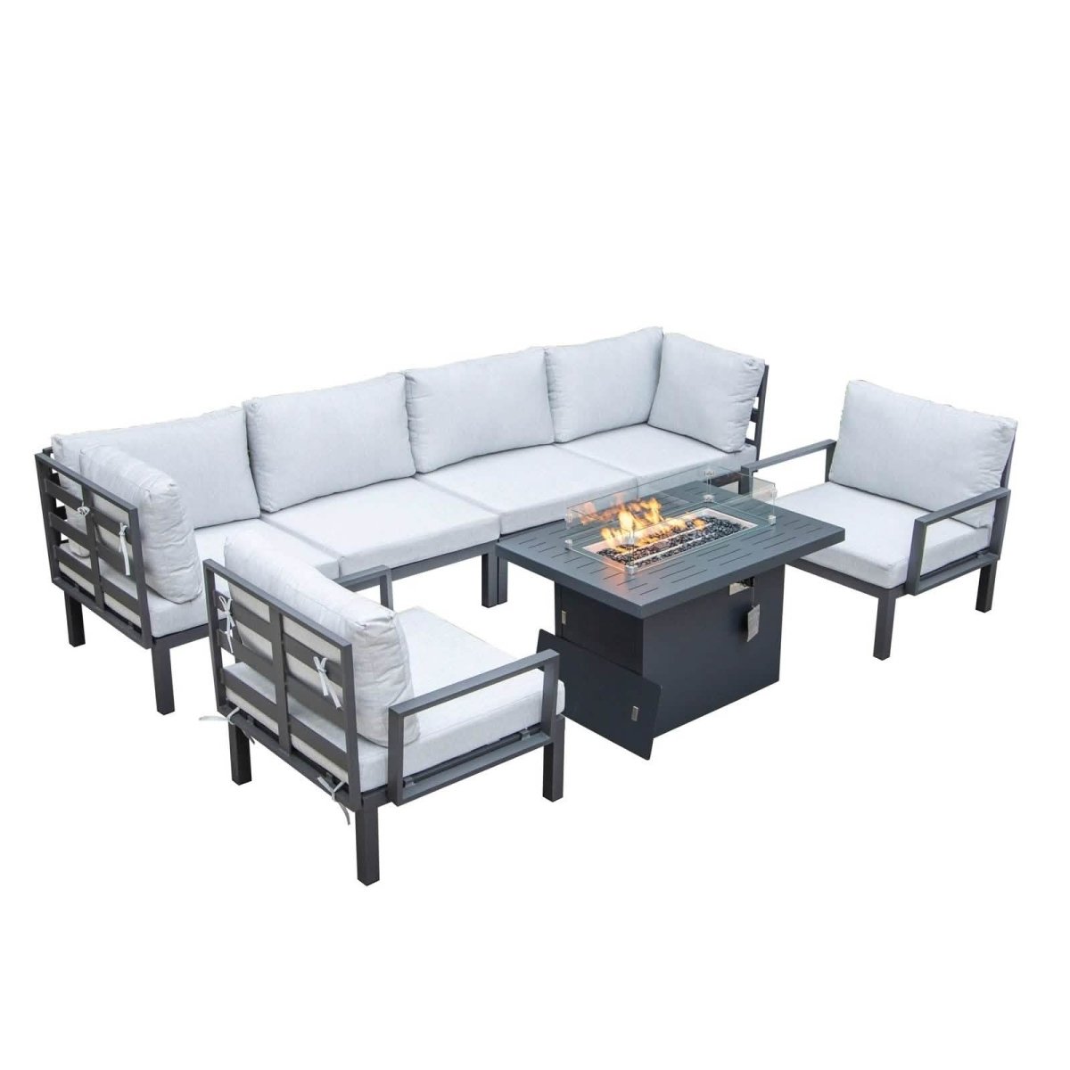 Hamilton 7-Piece Aluminum Patio Conversation Set With Fire Pit Table And Cushions Light Grey Conversation Set Leisuremod