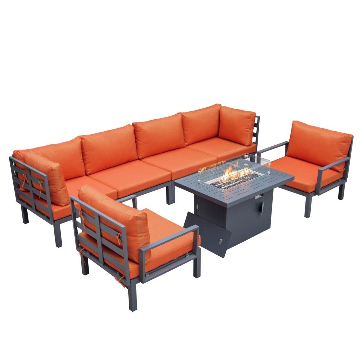 Hamilton 7-Piece Aluminum Patio Conversation Set With Fire Pit Table And Cushions Orange Conversation Set Leisuremod