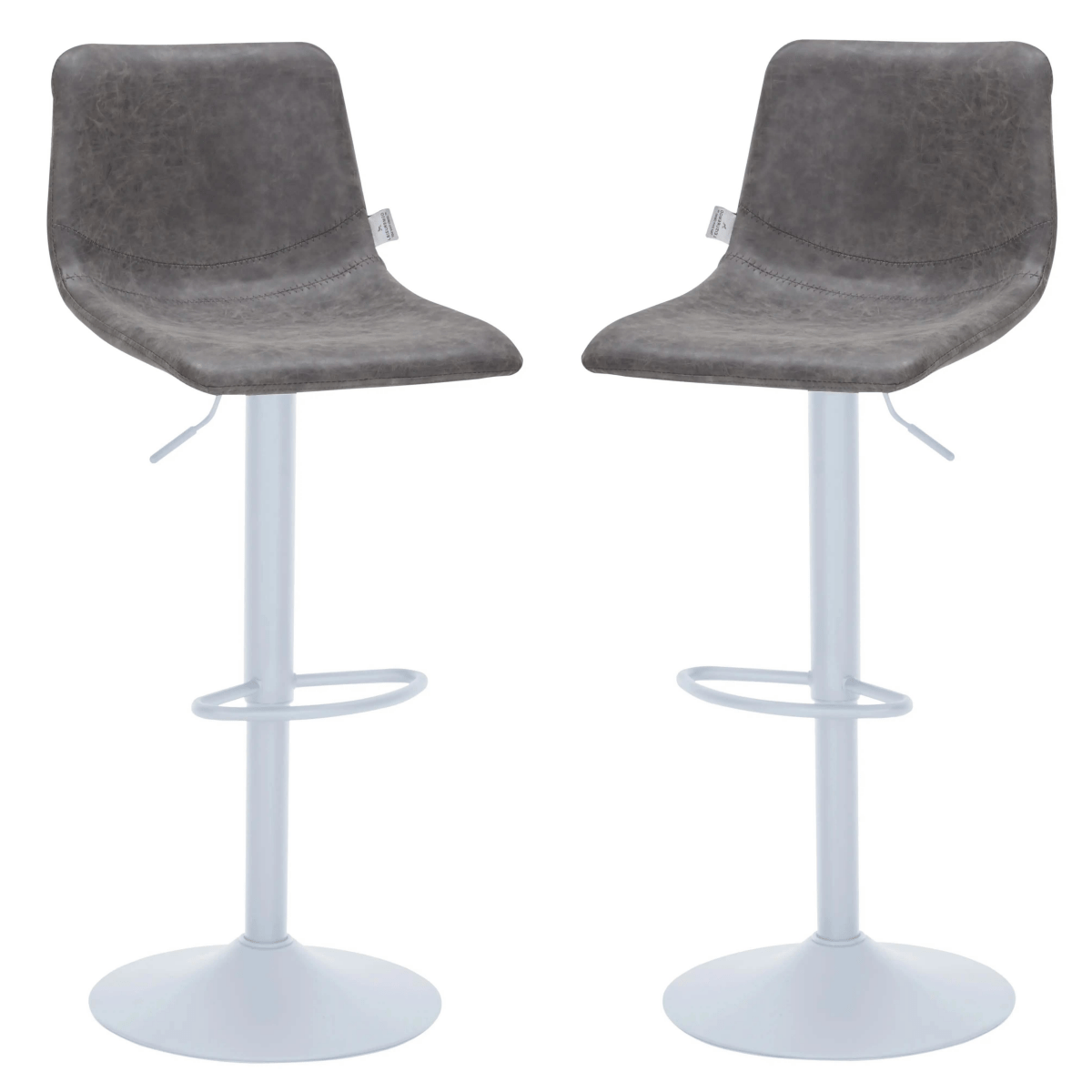 Leisuremod COUNTER AND BAR STOOL Grey Tilbury Leather Bar Stool with White Iron Base, Modern Counter Height Bar Chairs Set of 2