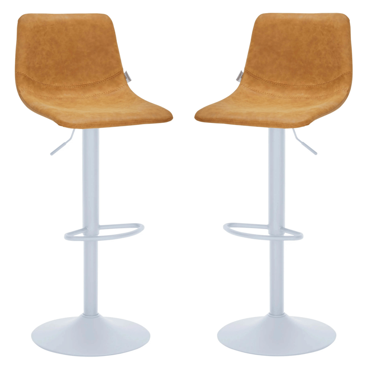 Leisuremod COUNTER AND BAR STOOL Light Brown Tilbury Leather Bar Stool with White Iron Base, Modern Counter Height Bar Chairs Set of 2