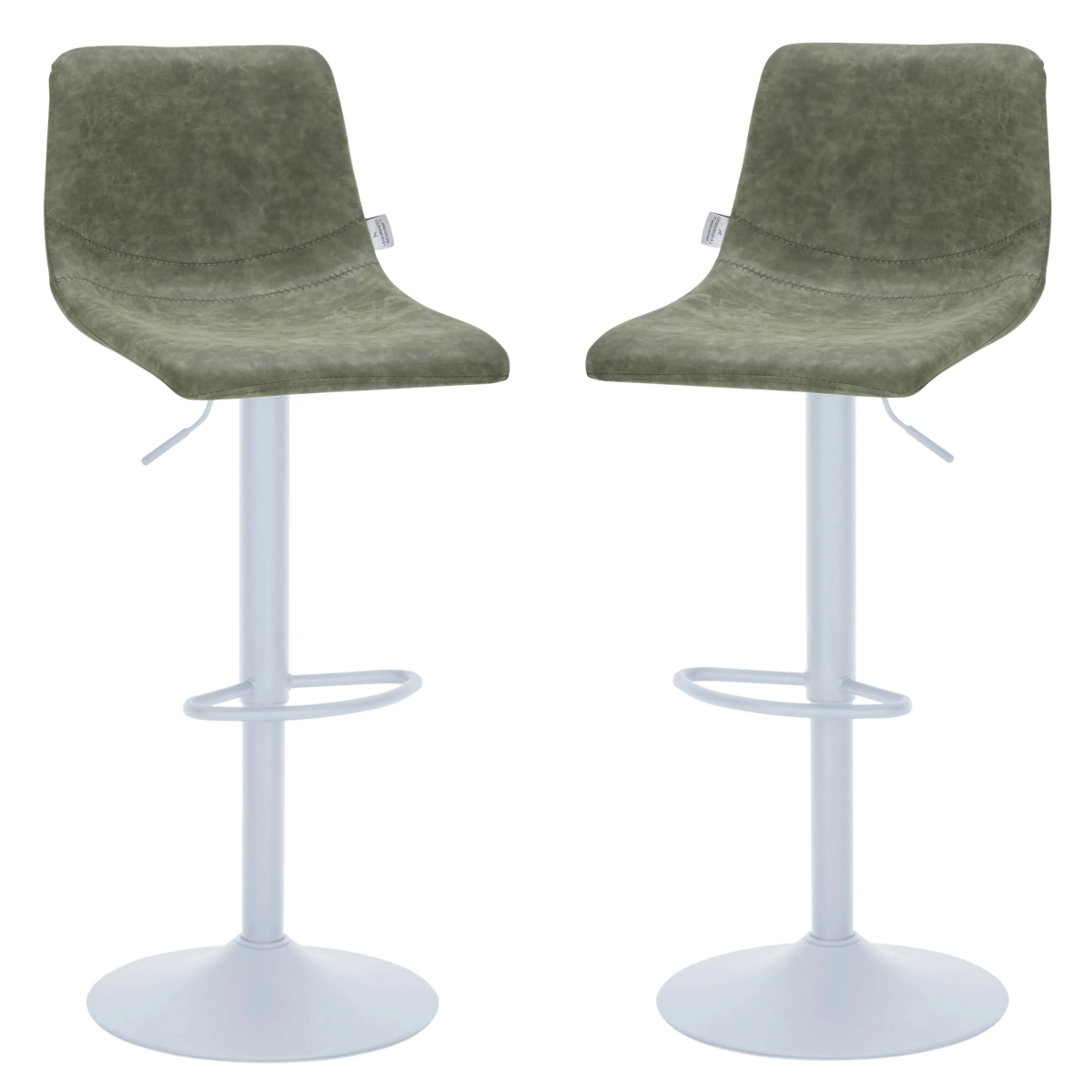 Leisuremod COUNTER AND BAR STOOL Olive Green Tilbury Leather Bar Stool with White Iron Base, Modern Counter Height Bar Chairs Set of 2