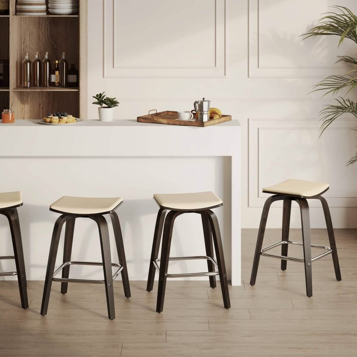 Pelya Leather Counter Stool with Square Seat and Poplar Wood Base Dark Walnut Taupe Counter Stool Leisuremod