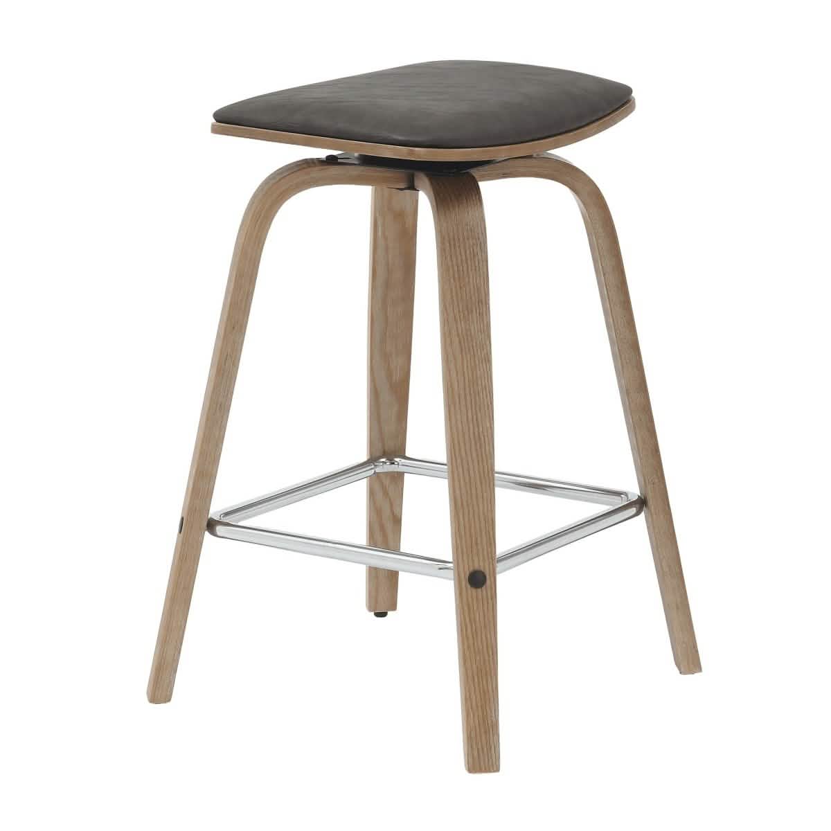 Pelya Leather Counter Stool with Square Seat and Poplar Wood Base Washed Walnut Brown Counter Stool Leisuremod