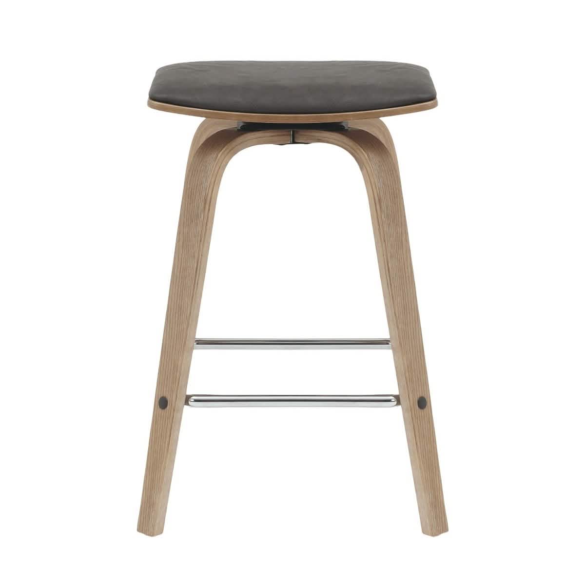 Pelya Leather Counter Stool with Square Seat and Poplar Wood Base Washed Walnut Brown Counter Stool Leisuremod