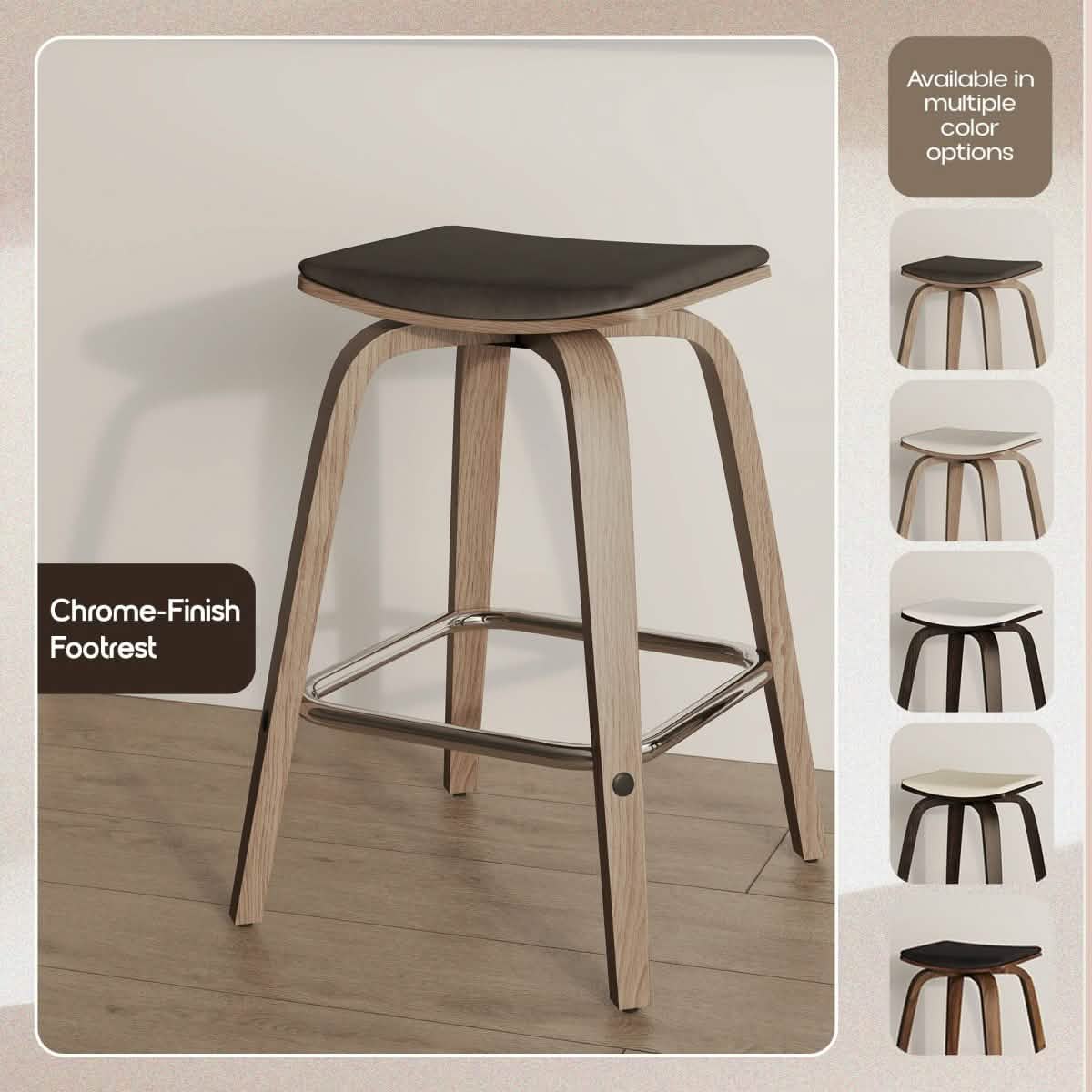 Pelya Leather Counter Stool with Square Seat and Poplar Wood Base Washed Walnut Brown Counter Stool Leisuremod