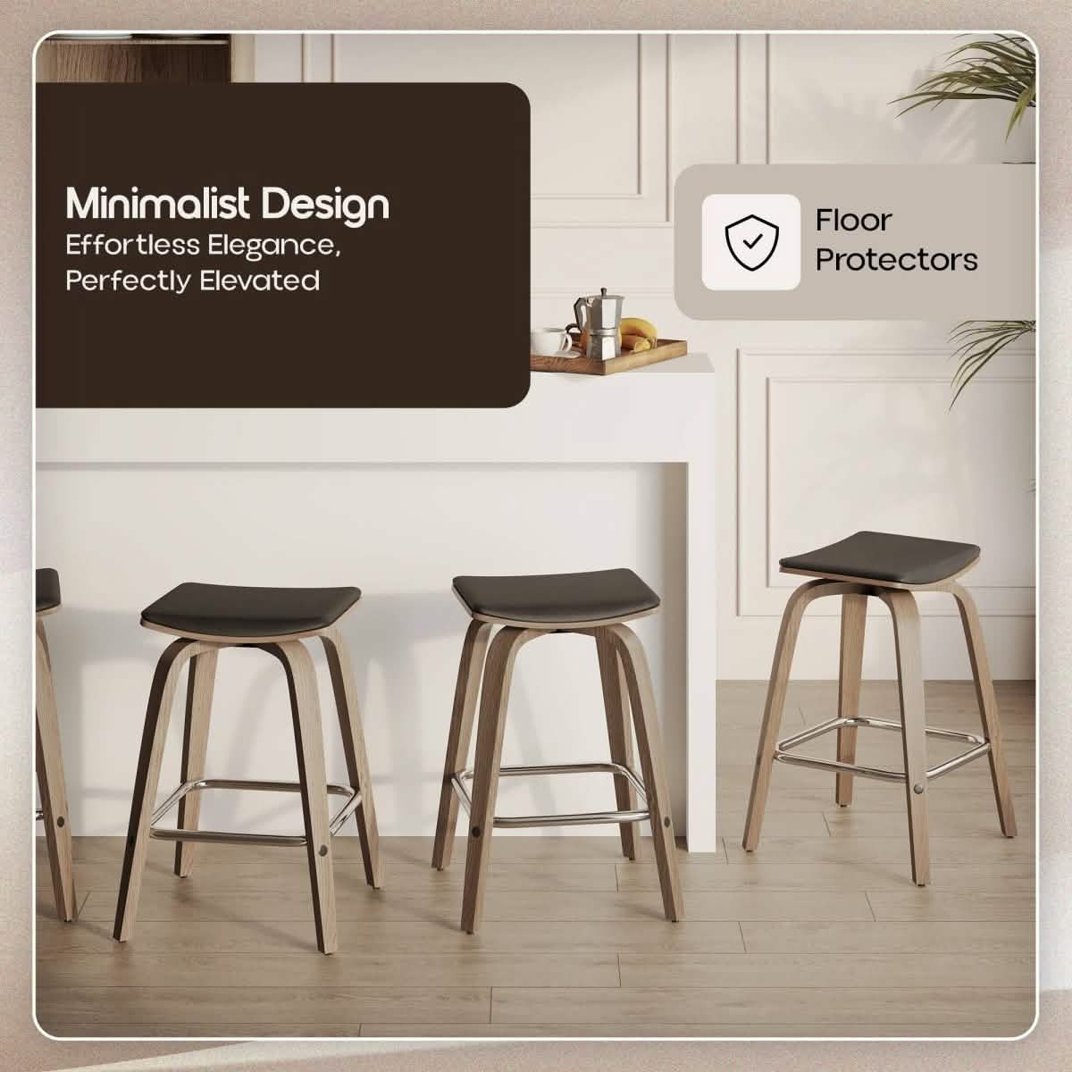 Pelya Leather Counter Stool with Square Seat and Poplar Wood Base Washed Walnut Brown Counter Stool Leisuremod