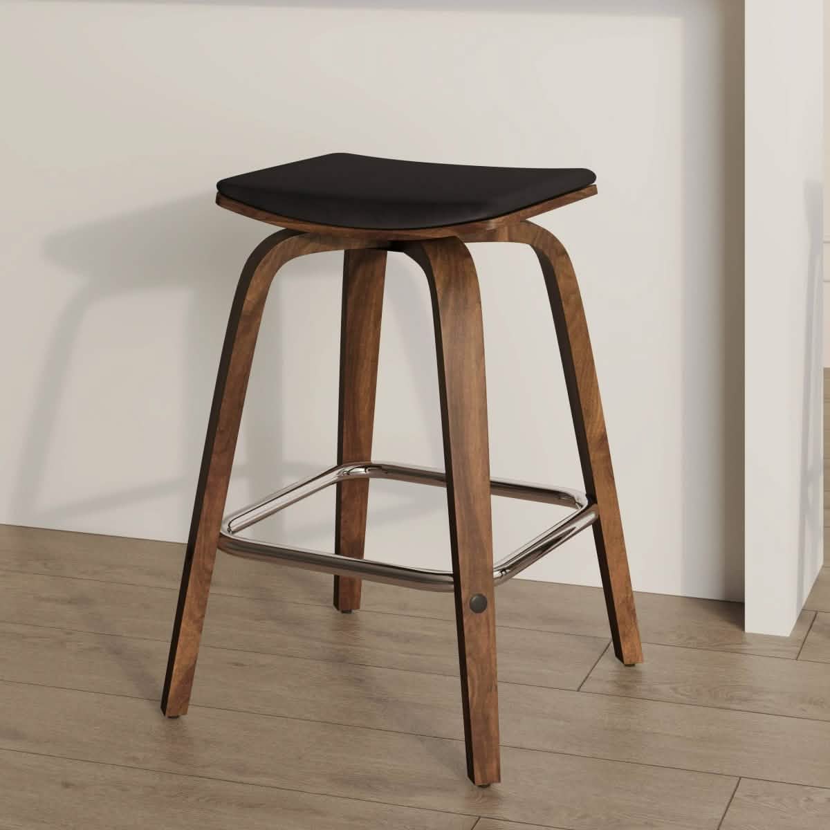 Pelya Leather Counter Stool with Square Seat and Poplar Wood Base Walnut Black Counter Stool Leisuremod