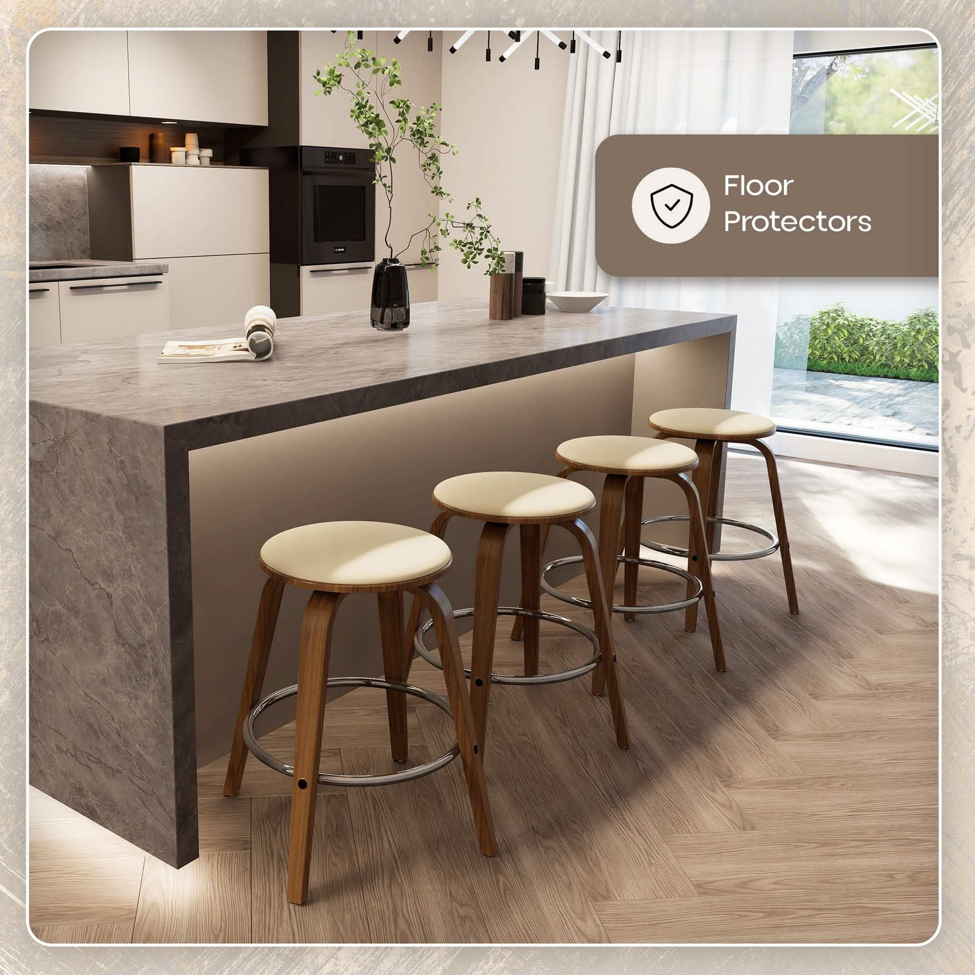 Pelya Modern Swivel Counter Stool Upholstered in Leather With Chrome Iron Footrest Walnut Light Taupe Counter Stool Leisuremod