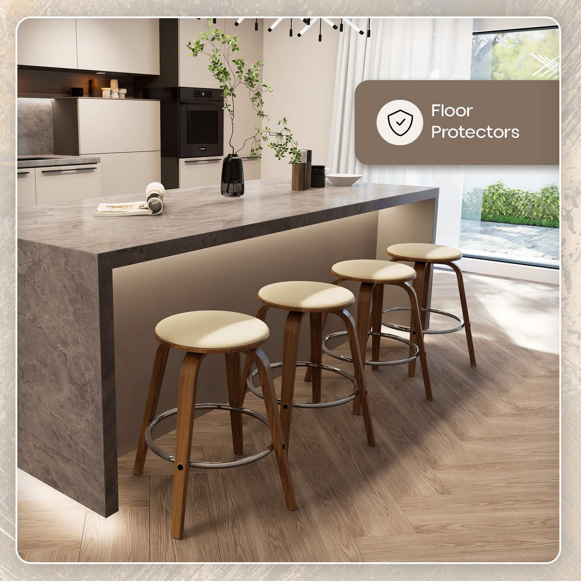 Pelya Modern Swivel Counter Stool Upholstered in Leather With Chrome Iron Footrest Walnut Light Taupe Counter Stool Leisuremod