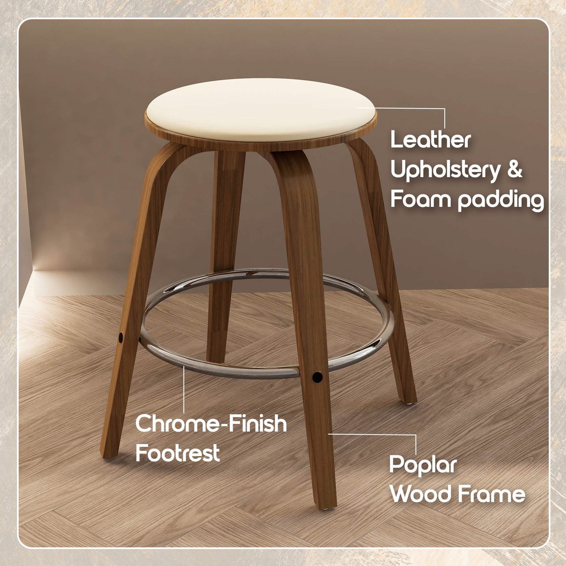 Pelya Modern Swivel Counter Stool Upholstered in Leather With Chrome Iron Footrest Walnut Light Taupe Counter Stool Leisuremod