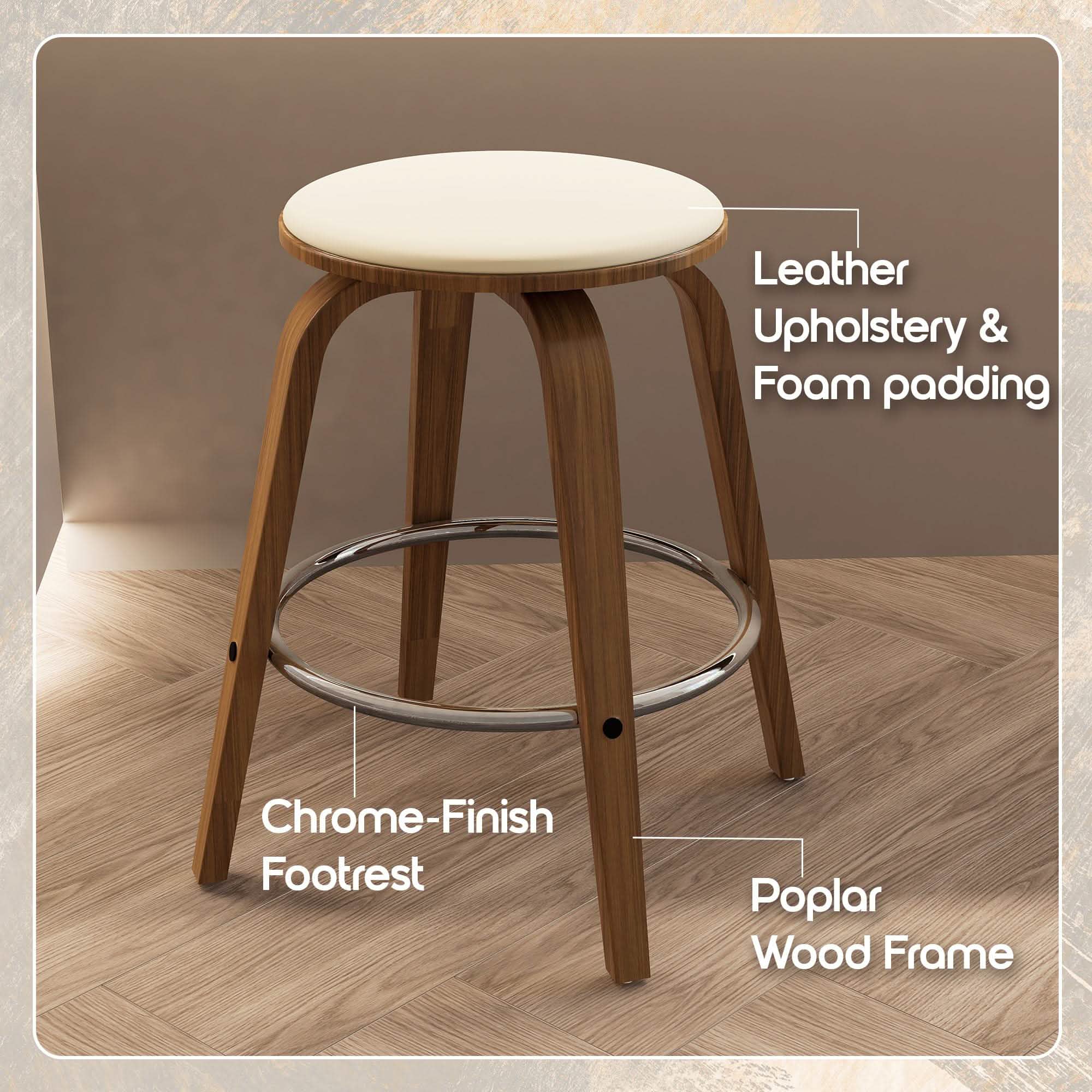 Pelya Modern Swivel Counter Stool Upholstered in Leather With Chrome Iron Footrest Walnut Light Taupe Counter Stool Leisuremod