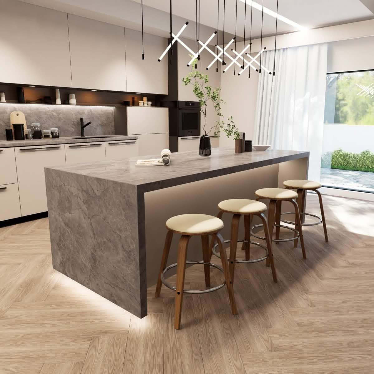 Pelya Modern Swivel Counter Stool Upholstered in Leather With Chrome Iron Footrest Walnut Light Taupe Counter Stool Leisuremod