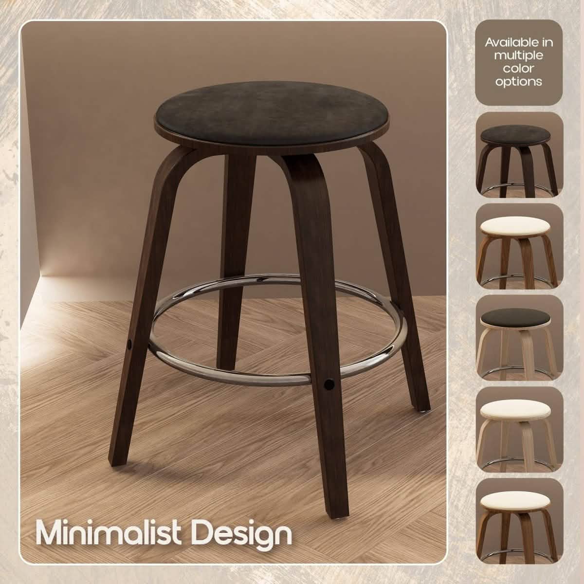 Pelya Modern Swivel Counter Stool Upholstered in Leather With Chrome Iron Footrest Dark Walnut Brown Counter Stool Leisuremod