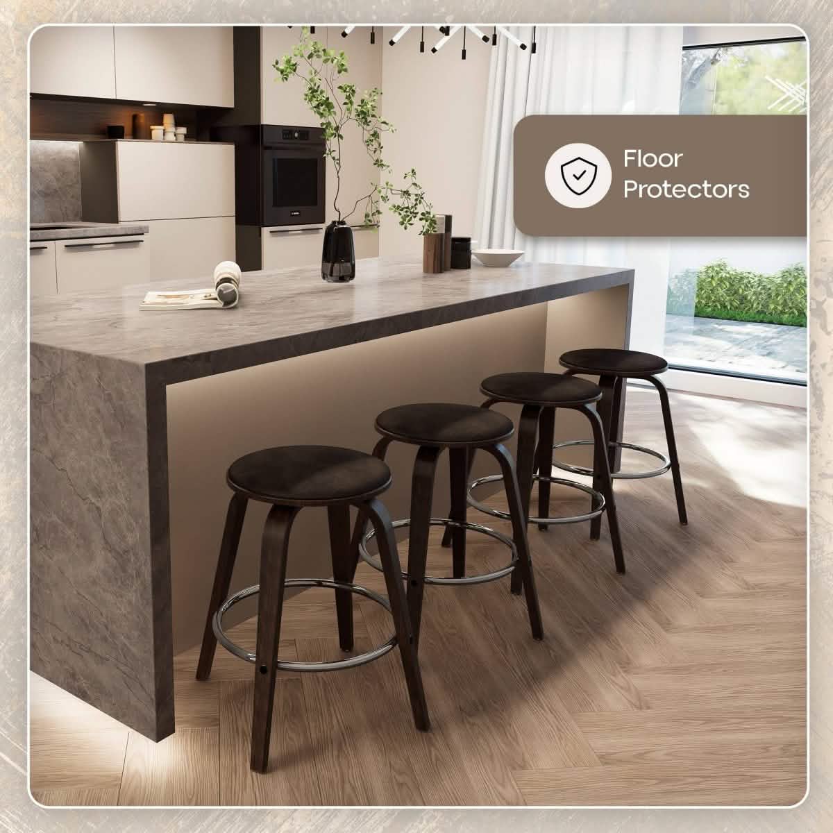 Pelya Modern Swivel Counter Stool Upholstered in Leather With Chrome Iron Footrest Dark Walnut Brown Counter Stool Leisuremod