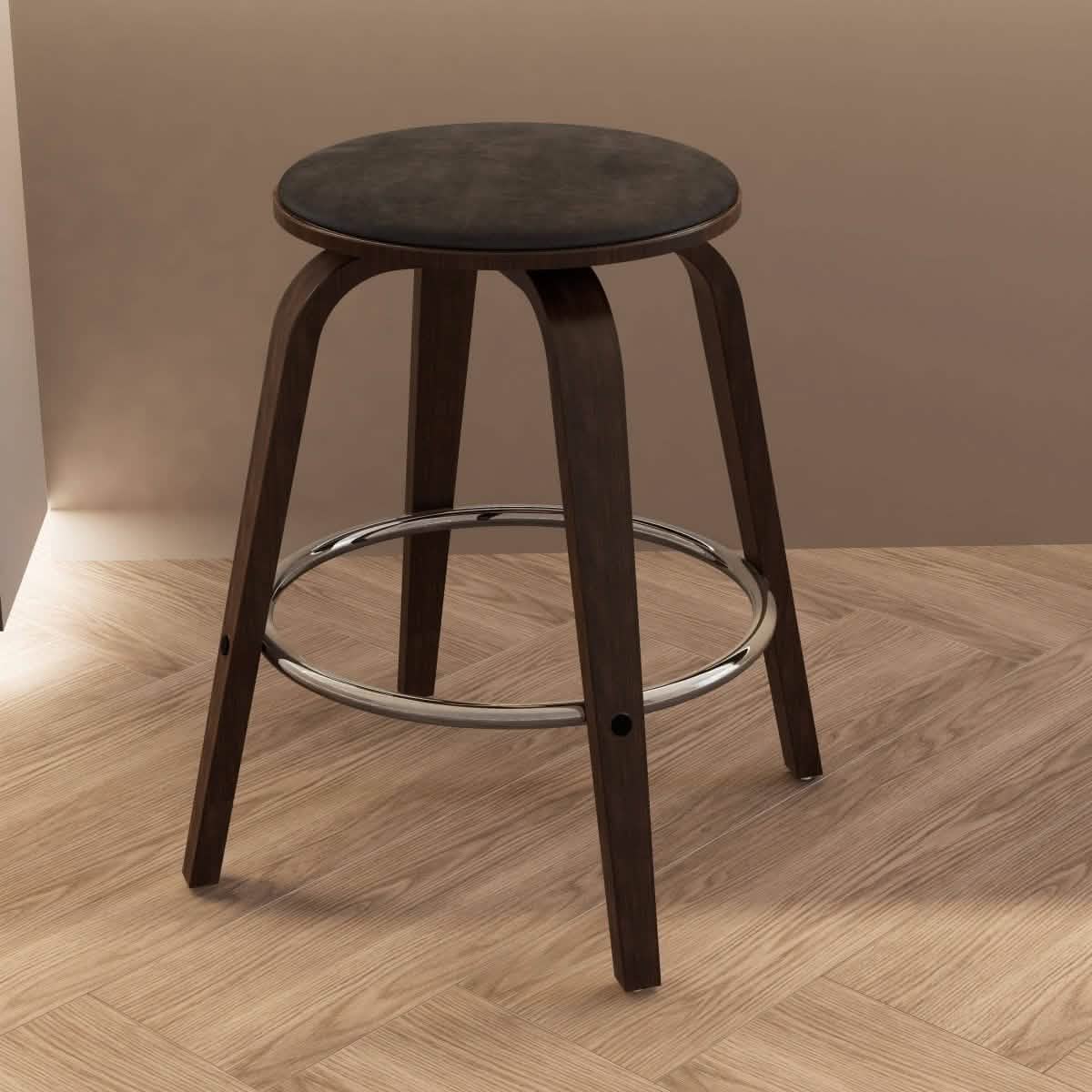 Pelya Modern Swivel Counter Stool Upholstered in Leather With Chrome Iron Footrest Dark Walnut Brown Counter Stool Leisuremod