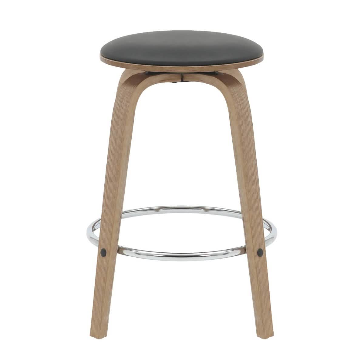 Pelya Modern Swivel Counter Stool Upholstered in Leather With Chrome Iron Footrest Washed Walnut Black Counter Stool Leisuremod