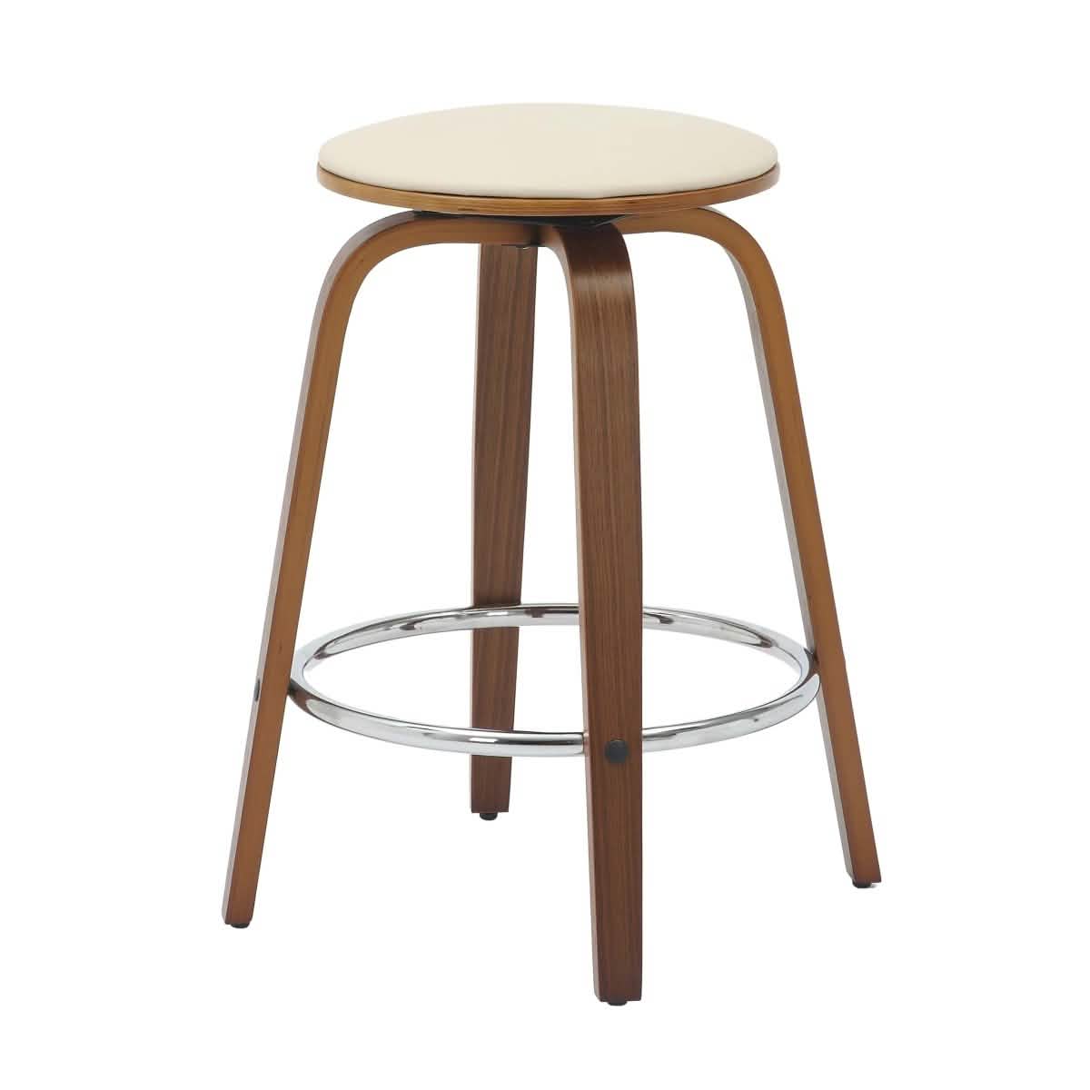 Pelya Modern Swivel Counter Stool Upholstered in Leather With Chrome Iron Footrest Walnut Light Taupe Counter Stool Leisuremod