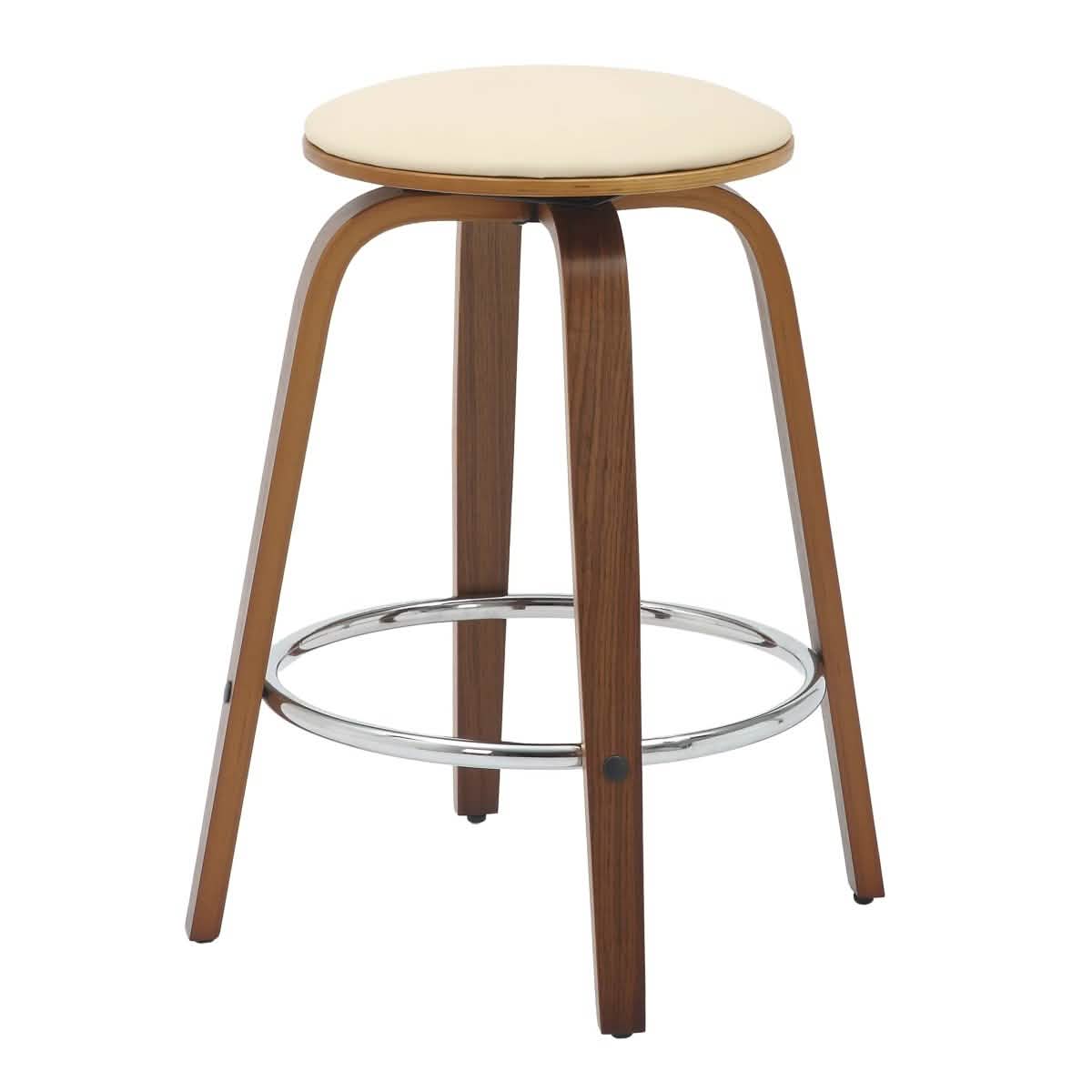 Pelya Modern Swivel Counter Stool Upholstered in Leather With Chrome Iron Footrest Walnut Cream Counter Stool Leisuremod