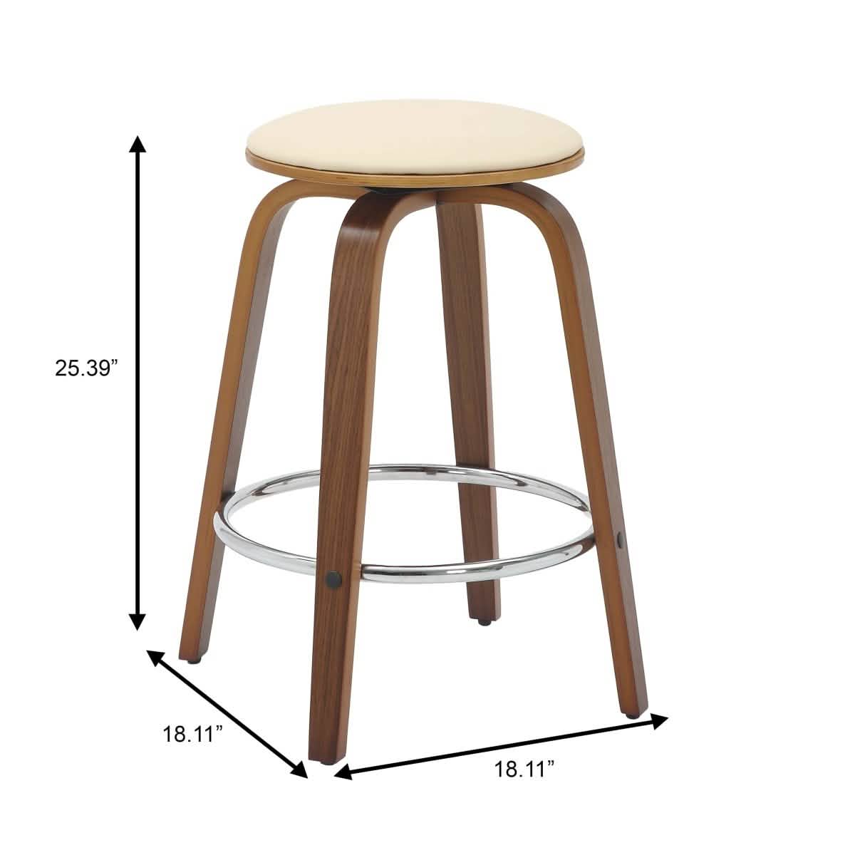 Pelya Modern Swivel Counter Stool Upholstered in Leather With Chrome Iron Footrest Walnut Cream Counter Stool Leisuremod