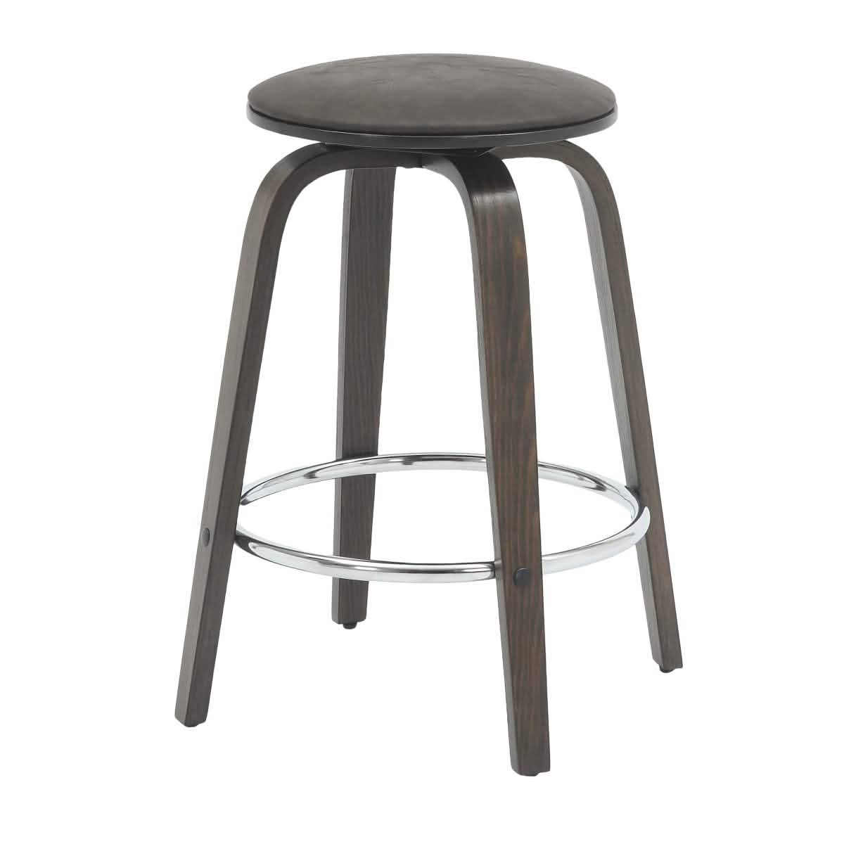 Pelya Modern Swivel Counter Stool Upholstered in Leather With Chrome Iron Footrest Dark Walnut Brown Counter Stool Leisuremod