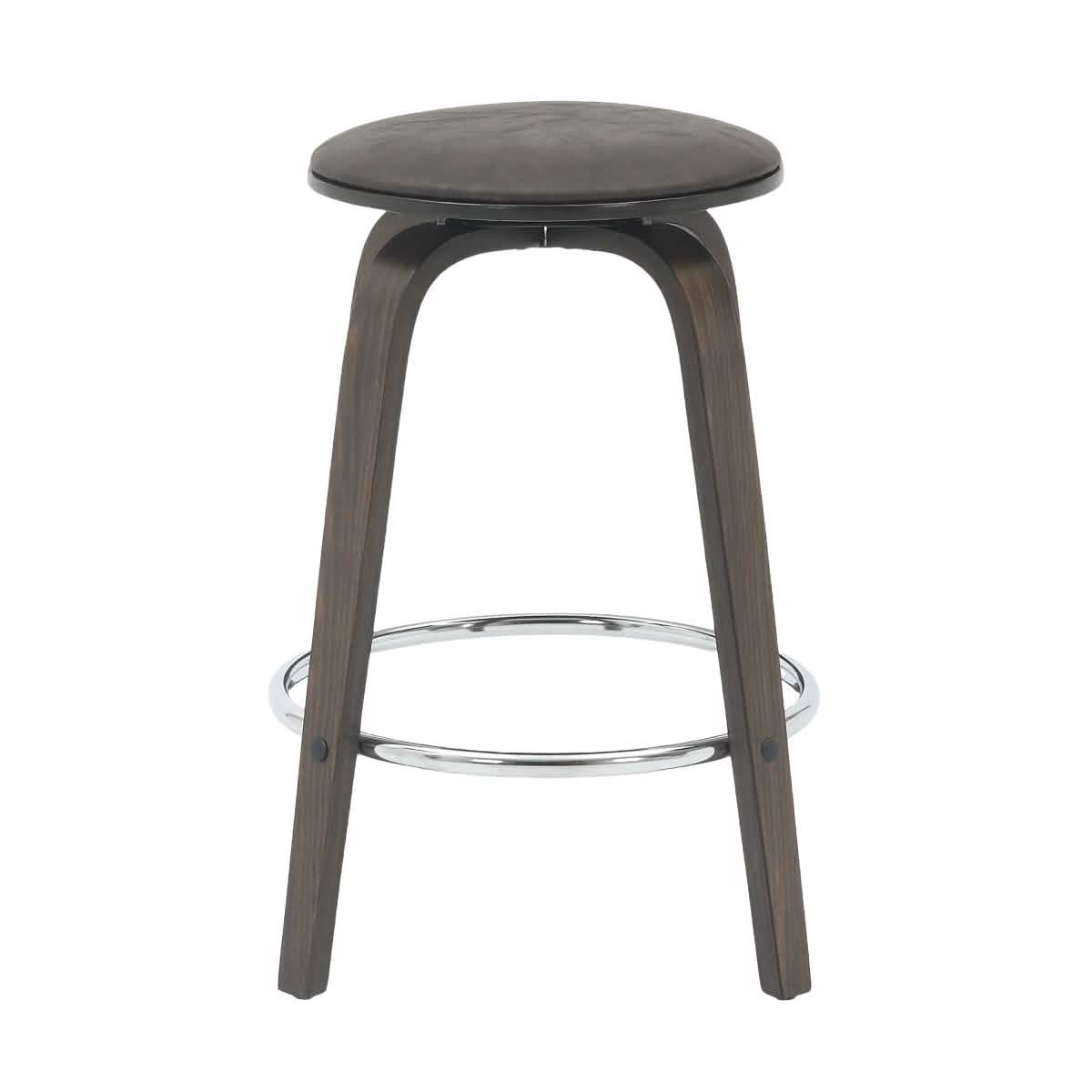 Pelya Modern Swivel Counter Stool Upholstered in Leather With Chrome Iron Footrest Dark Walnut Brown Counter Stool Leisuremod