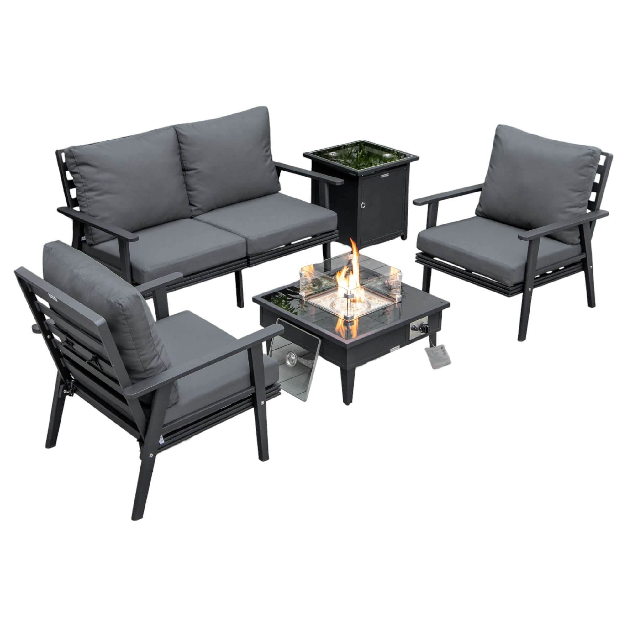 Walbrooke Aluminum Patio Conversation With Fire Pit Table & Tank Holder Coversation Set Leisuremod