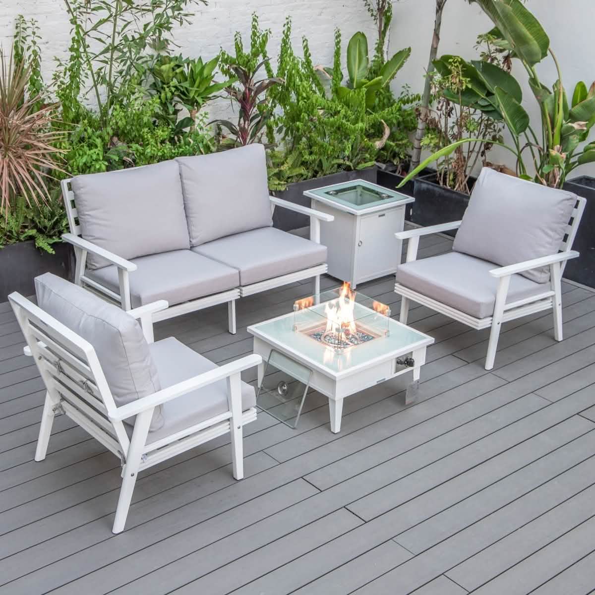 Walbrooke Aluminum Patio Conversation With Fire Pit Table & Tank Holder Coversation Set Leisuremod