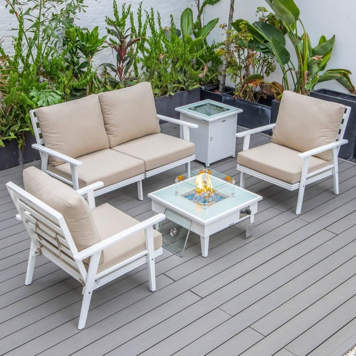 Walbrooke Aluminum Patio Conversation With Fire Pit Table & Tank Holder Coversation Set Leisuremod